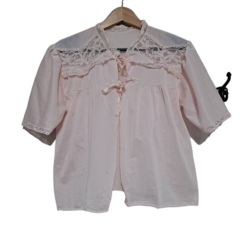 Vintage Lingerie Women Size 36" Bedroom Jacket Satin Ruffle Lace Wrap Pink Tie